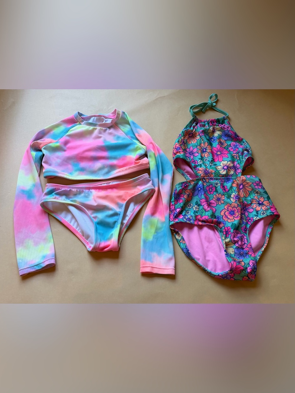 Cat & Jack Girls Size 6/7 Swimsuit Bundle Floral Cutout & Tie Dye Rash Guard